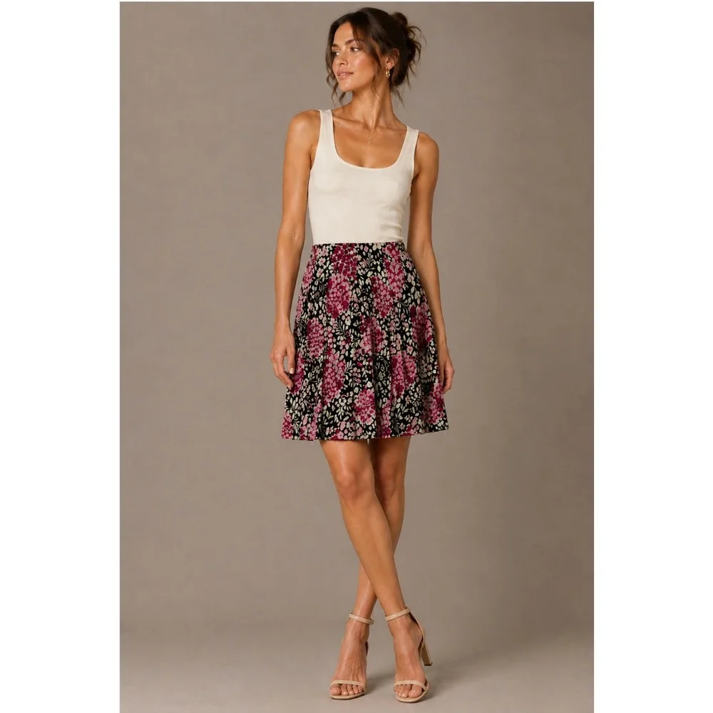 Vtg Y2K Attention Floral A-Line Skirt 6 Black Pink Cotton Pleat Y2K Cottagecore - Picture 1 of 7